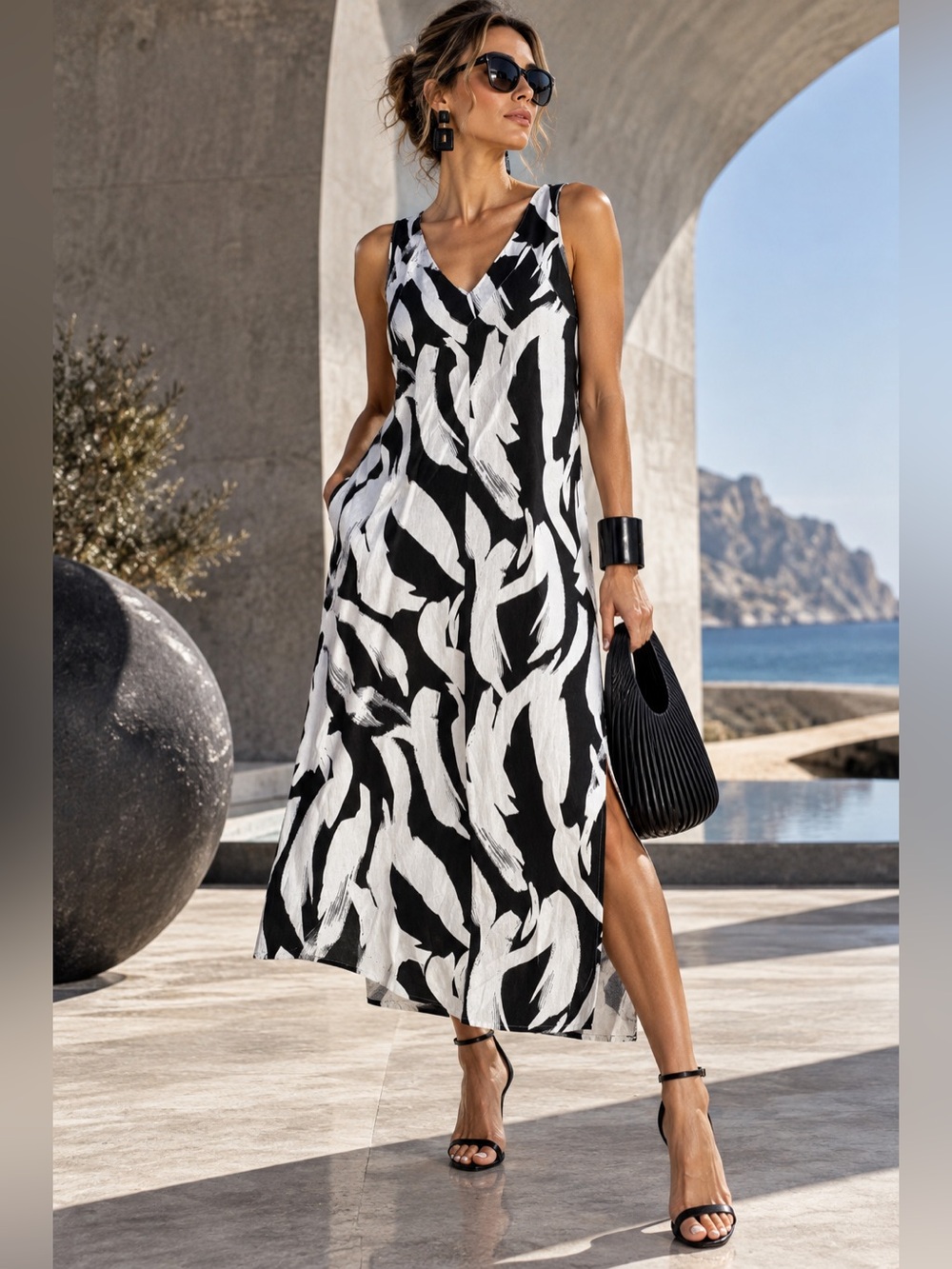 DKNY Abstract Black White Linen Blend Sleeveless V Neck Maxi Dress Large L